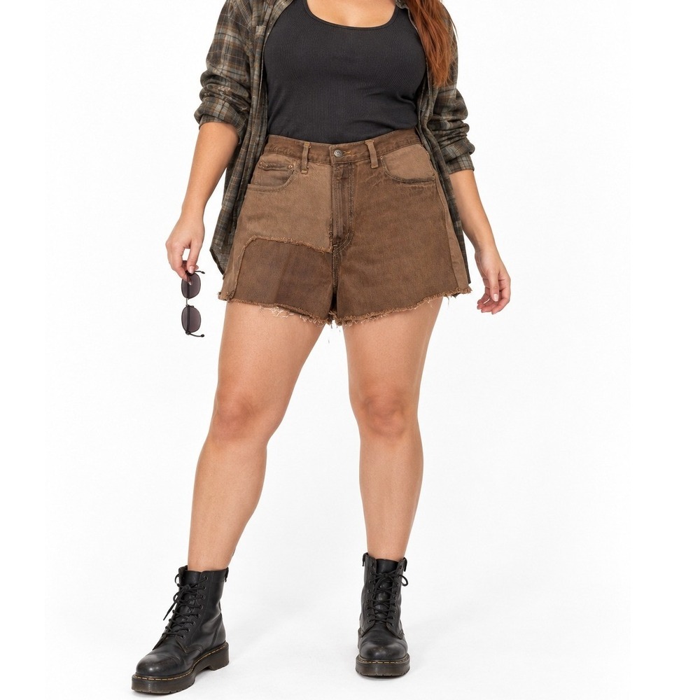 Levi's 559 Reworked Patchwork Cutoff Shorts W34‎ Brown Raw Hem Grunge Upcycled